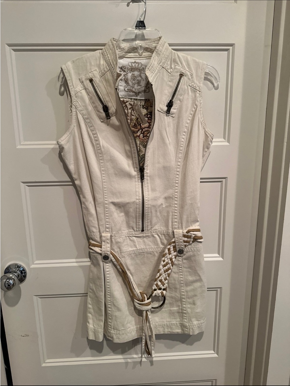 Sugarlips Cream Sleeveless Mini Dress with Braided Belt